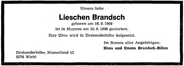 Brandsch Lieschen 1909-1986 Todesanzeige